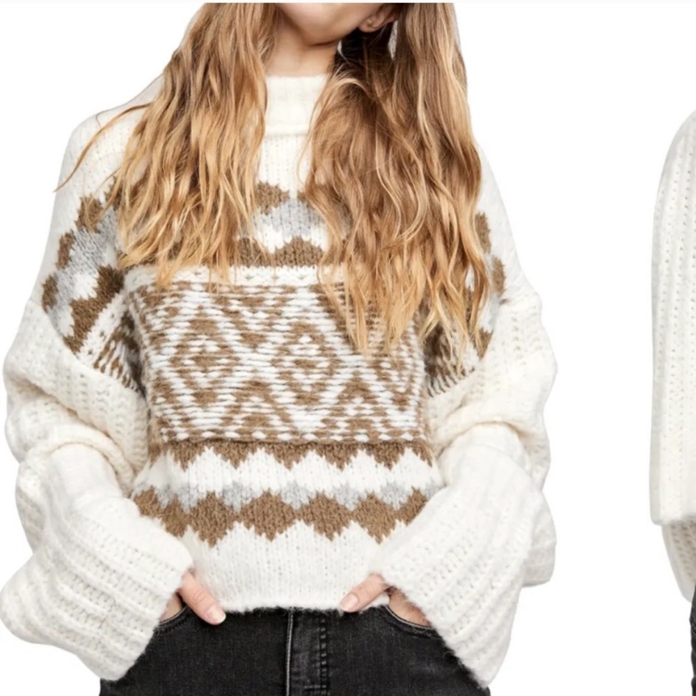 NWT  Free People Alpine Crop Mock Neck Chunky Knit Sweater Snowy Forest new M - Picture 3 of 12